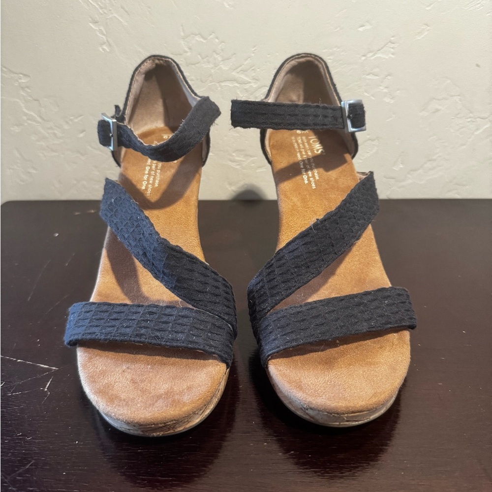 Toms Clarissa Wedge Black Textured Textile Wedge Sandals Cork